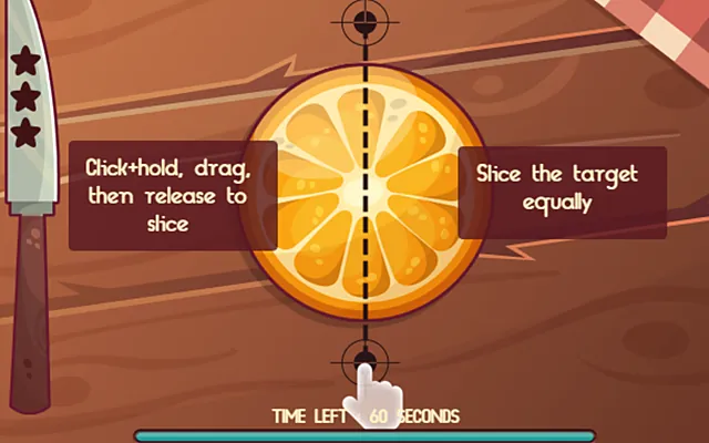 லெவல் 1 திரை: மேசையின் மீது ஆரஞ்சு பழம், கத்தி, மேலே BEST, CUTS 0/1, PIECES 1/2 என்ற மதிப்பெண் பலகை, கீழே நேரம்