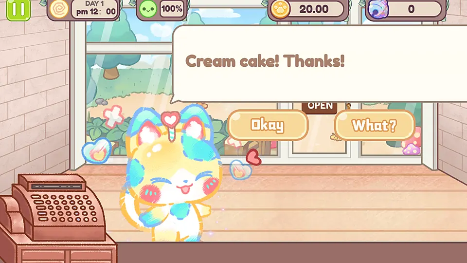 பூனை வாடிக்கையாளர் கடையில் நிற்கும் காட்சி, 'Cream cake! Thanks!' உரையாடல் பெட்டி, நாள் 1 மற்றும் 20.00 பணம்